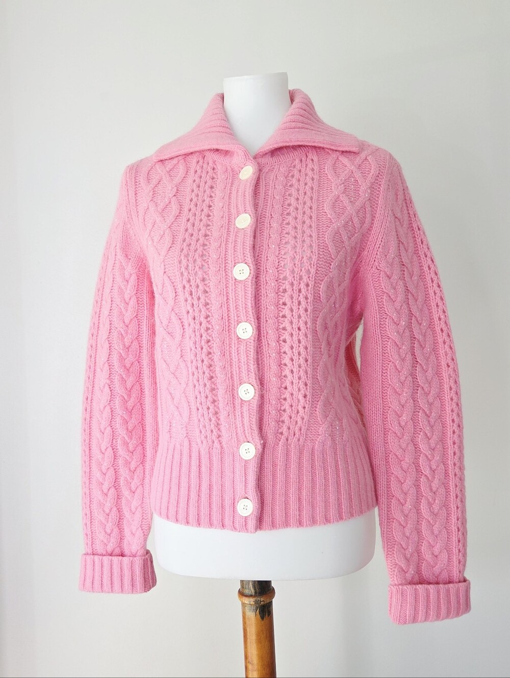 Vintage Tommy Hilfiger Baby Pink Cable Knit Chunky Cardigan Angora Lambs Wool